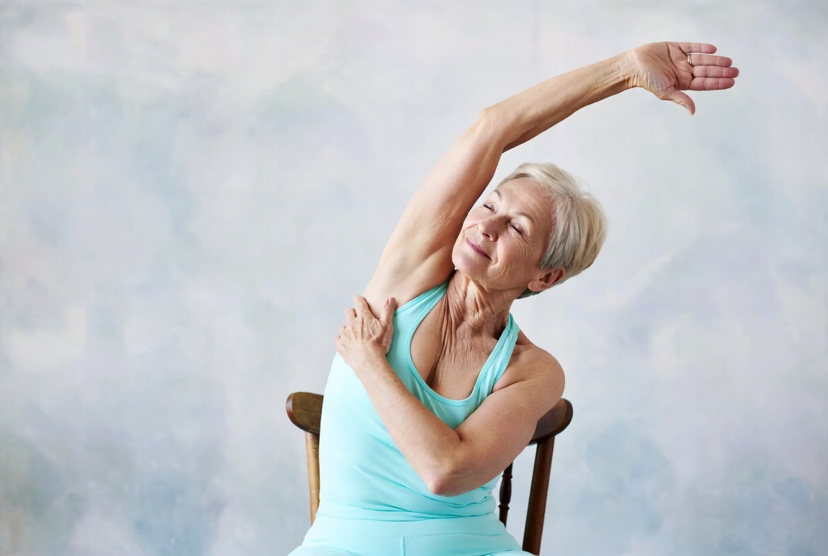 Senior practicing gentle chair yoga exercises at home for pain relief and mobility