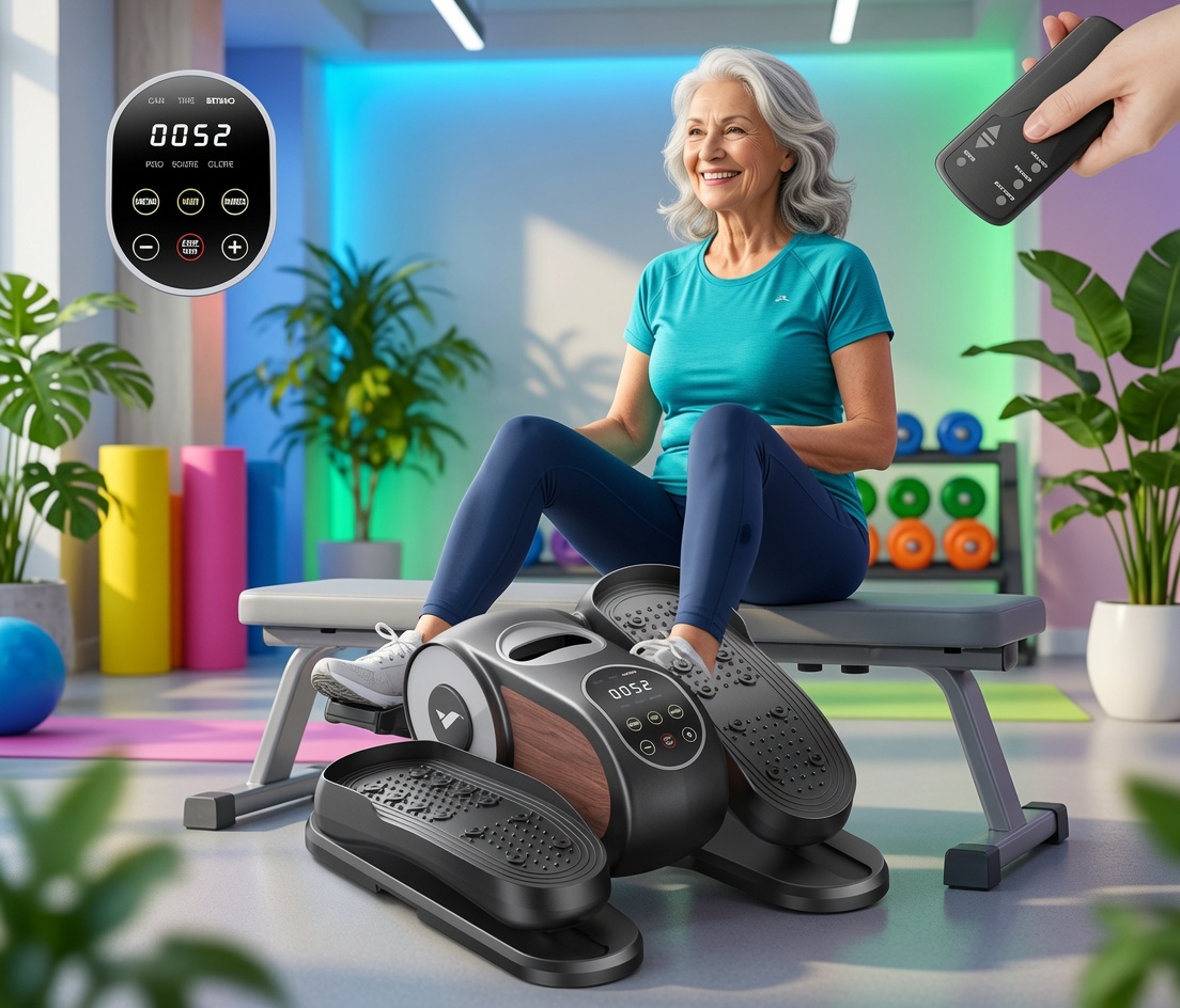 Senior using an under desk elliptical machine while sitting comfortably at home.