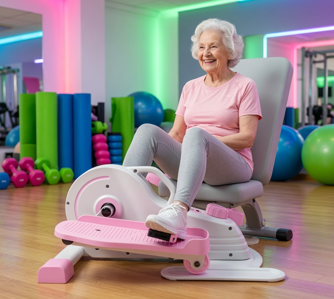 Senior woman using an under desk elliptical machine while sitting comfortably at home.