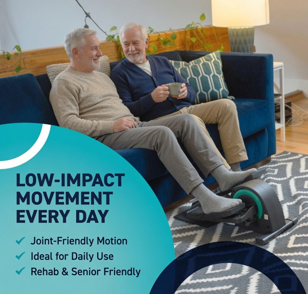 Senior using an under desk elliptical machine while sitting comfortably at home.