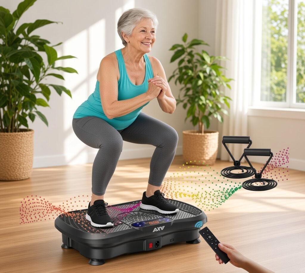 A senior ladies workout with AXV vibration plate for weight Loss