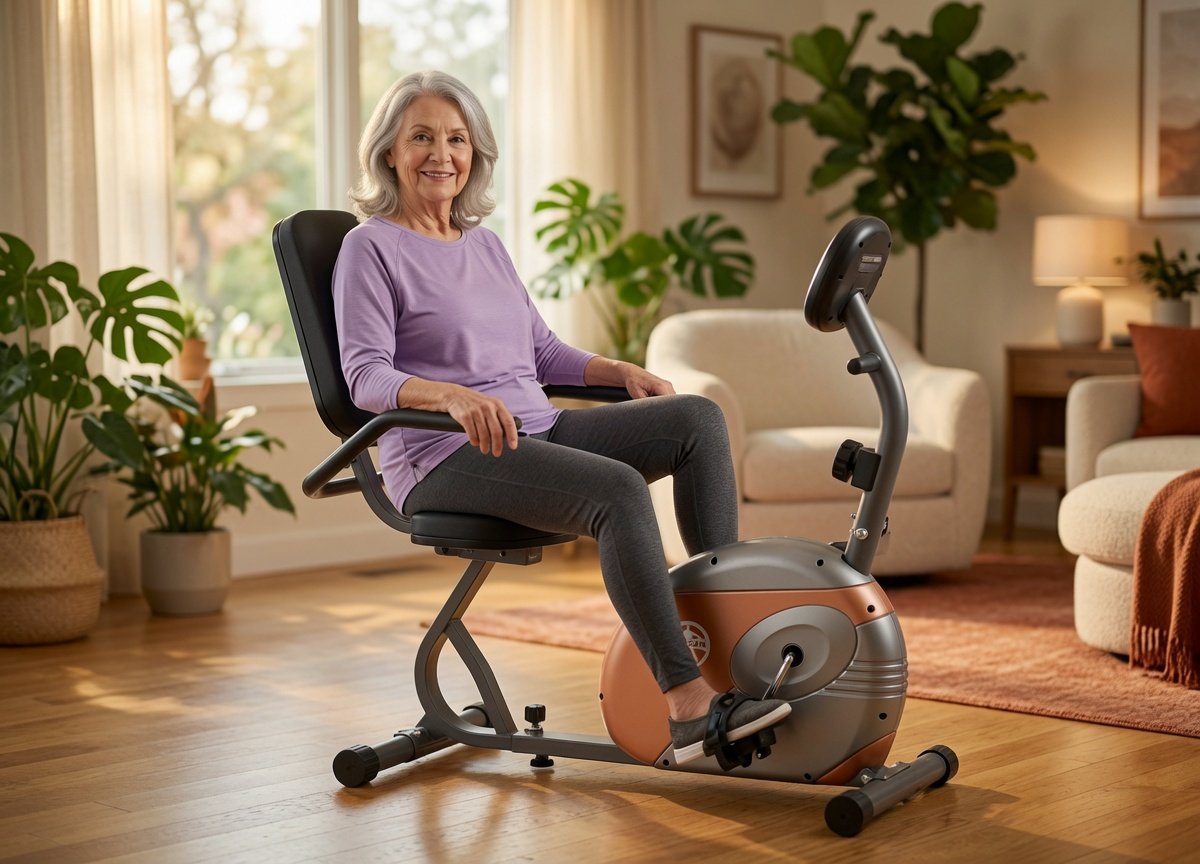 seniors using best marcy recumbent exercise bike while sitting comfortly at home
