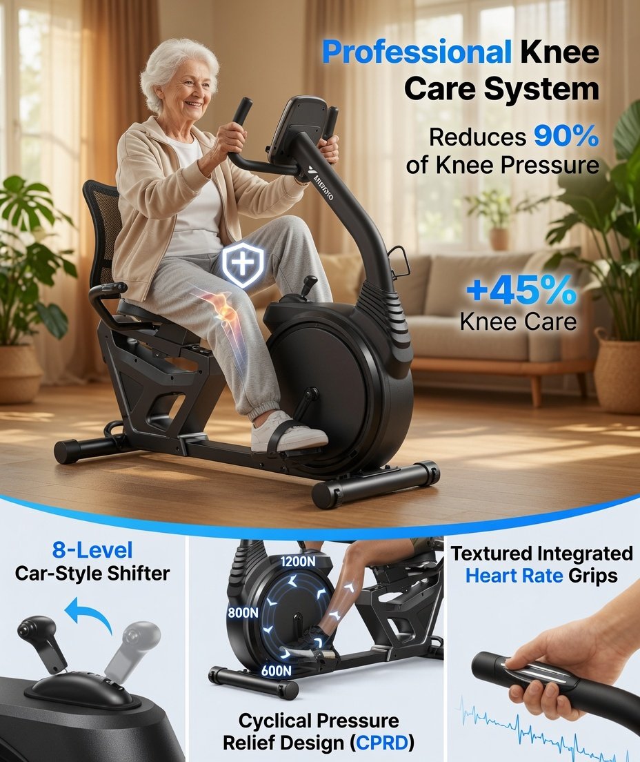 seniors using merach best recumbent exercise bike at home