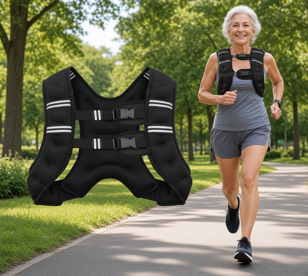 A senior citizen using Poudee Weighted Vest with running for workout and strength building