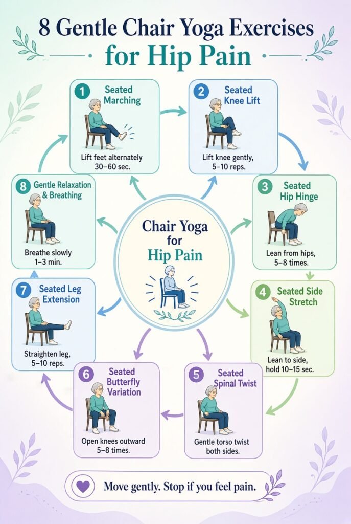 step by step 8 Chair Yoga exercises for Hip Pain