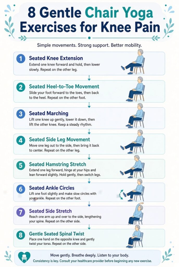 A chart with process showing chair yoga for knee pain exercises