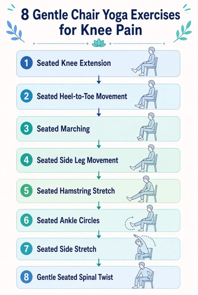 A chart covering 8 gentle chair yoga exercises for knee pain