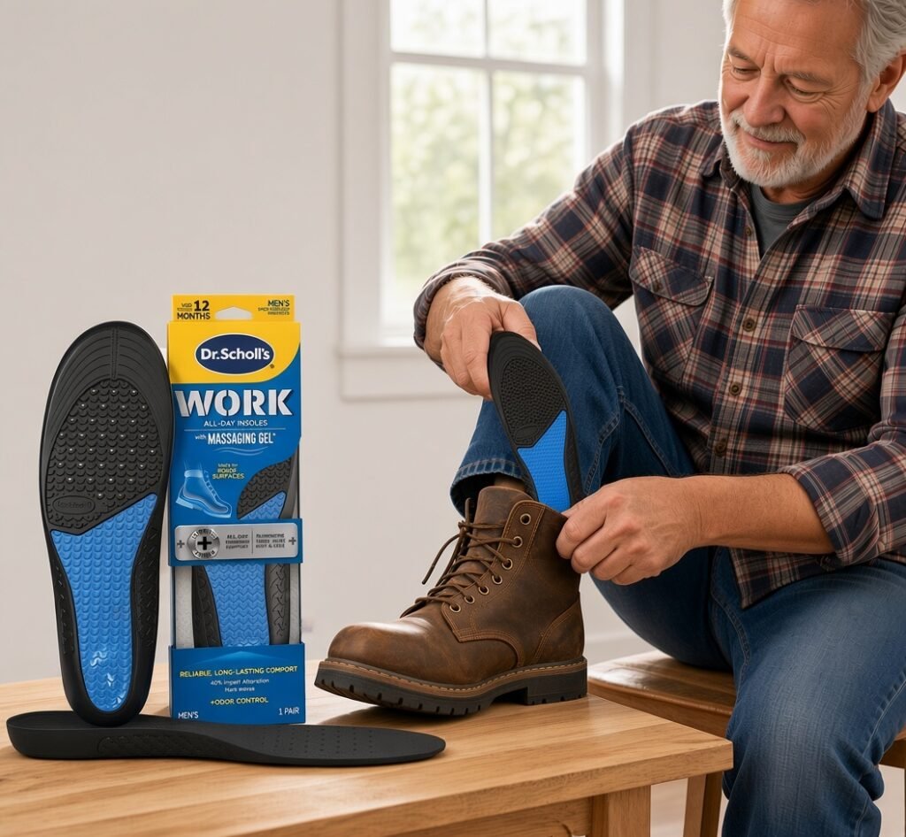 senior citizen using "Work All-Day Superior Comfort Insoles (with) Massaging Gel"