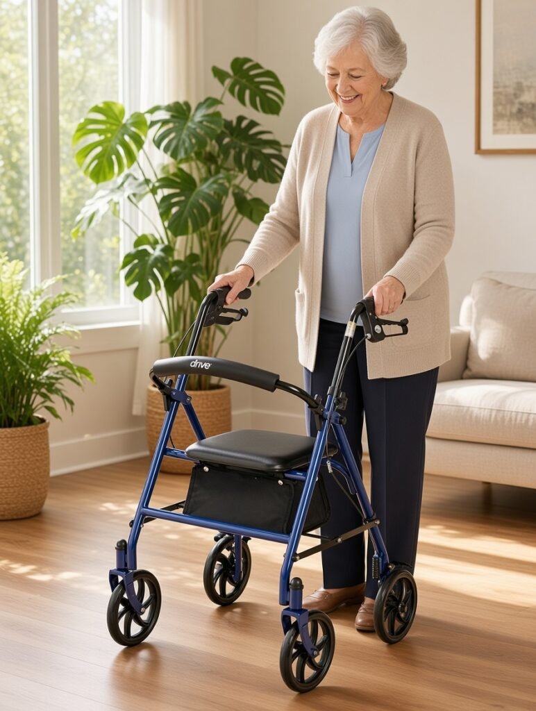 A senior woman using medical rollator walker at home