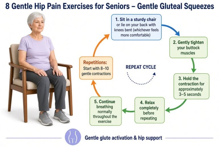 Gentle Gluteal Squeezes of hip pain exercises for seniors