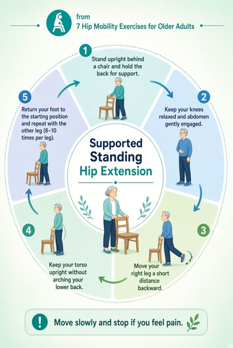 Supported Standing Hip Extension of hip mobility exercises for older adults